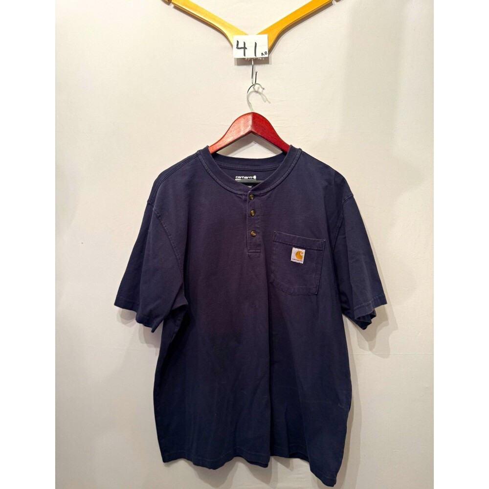 Carhartt Loose Fit Henley Pocket T-Shirt Men’s L Navy Buttons Logo TK0084-M